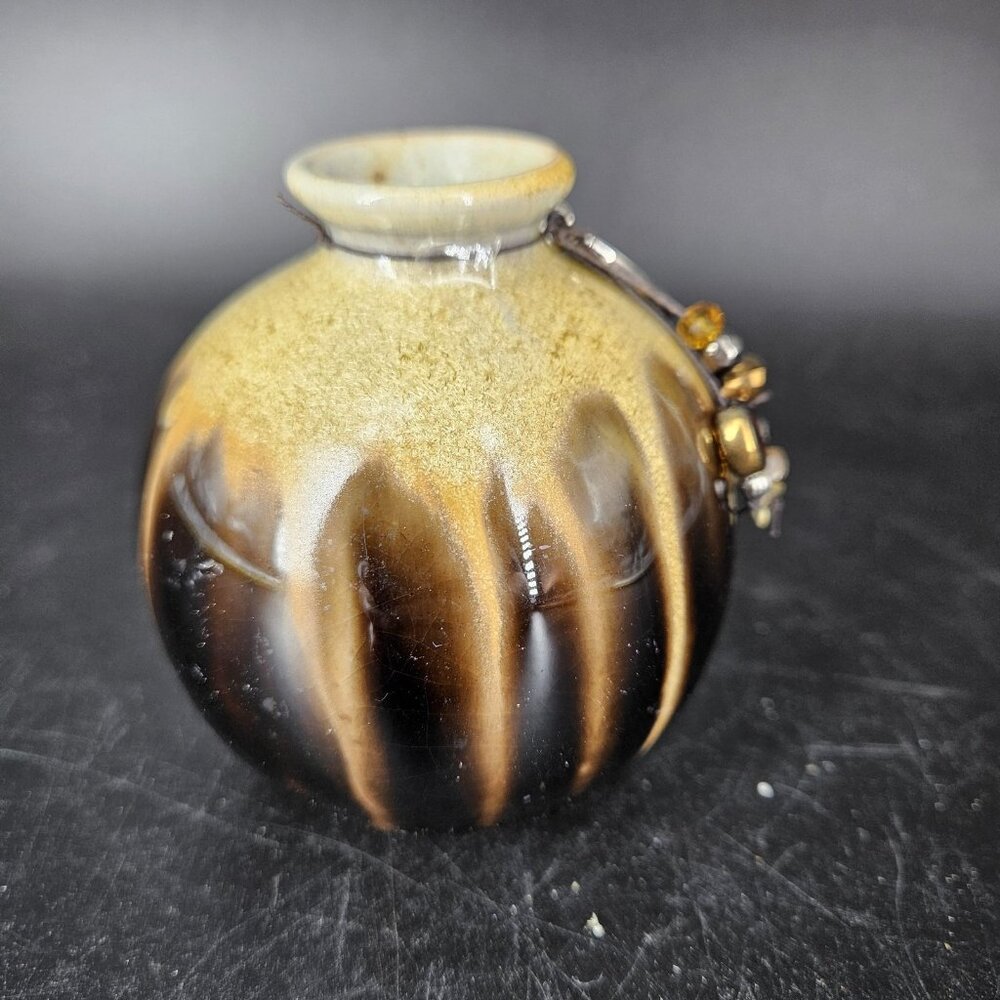 Ceramic Bud Vase Drip Glaze Brown Black Tan Mini Round Serenity Charm Incense 3" - Picture 6 of 10